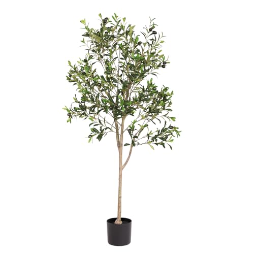 5ft Artificial Olive Tree, 5 Feet Tall Faux Olive Tree, Potted Fake Plants with Realistic Branches and Fruits for Home Indoor Decor 4ft 11in Green