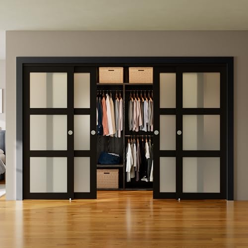 SMARTSTANDARD Bypass Sliding Closet Doors 120x80 in (Double 60in) for Bedroom, 3-Lite Frosted Glass Bypass Door with Hardware Kit Included, Preassembl