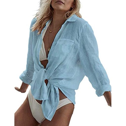 Bsubseach Women Long Sleeve Beach Shirt Blouses Bathing Suit Cover Up Button Down Collar G-light Blue