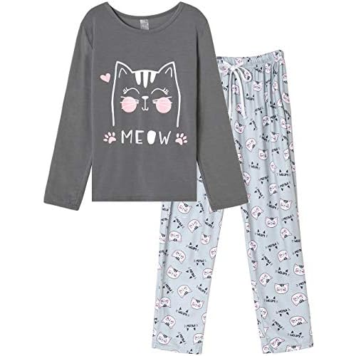 VENTELAN Women Pajamas Cute Christmas Bear Sleepwear Long Sleeve Stripes Loungewear X-Small Grey Cat