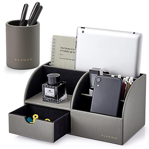 Vlando Schreibtisch Organizer Leder mit Schublade, Organizer schreibtisch Edel, Stiftehalter Organizer, Büro Organizer für Tablet PC, Fernbedienungs