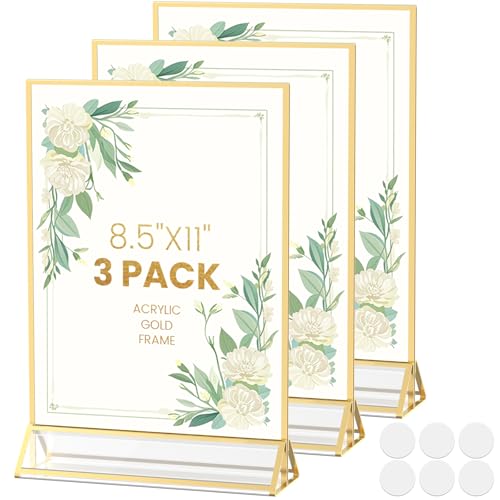 Acrylic Sign Holder 8.5X11 Gold Frames Double-Sided Gold Picture Frames Flyer Holder for Menu Holder Wedding Table Number Holder Photo Frames with Dou