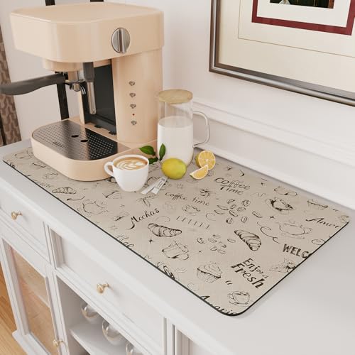 AMOAMI Coffee Mat Hide Stain Rubber Backed Absorbent Dish Drying Mat for Kitchen Counter - Fits Under Coffee Maker & Espresso Machine (17X31.5, MILK T