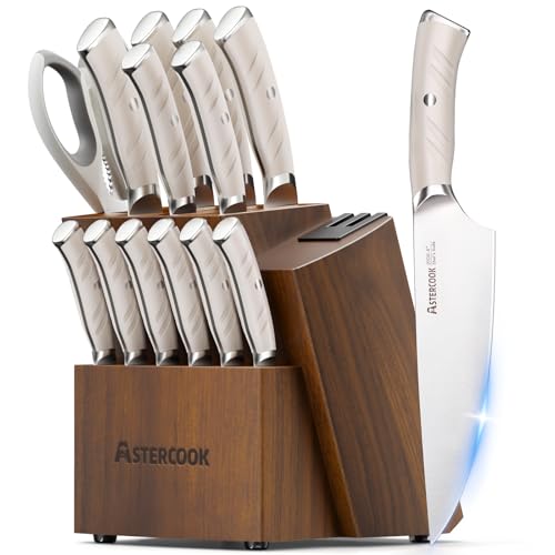 Astercook Knife Set Kitchen with Block and Dual Sharpener Full Tang 15 Pcs German Stainless Steel Knives Dishwasher Safe Kitchen Utensils Set with Ant