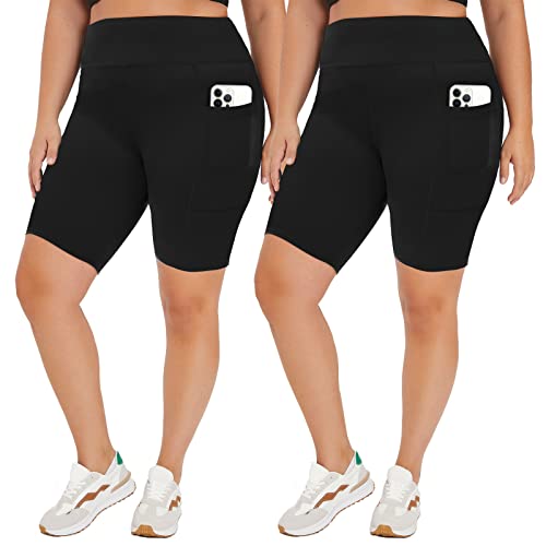 TNNZEET 2 Pack Plus Size Biker Shorts for Women - 8" Black High Waisted Tummy Control Spandex Workout Shorts (XL-4XL) 4X-Large Black-Black（2 Pockets