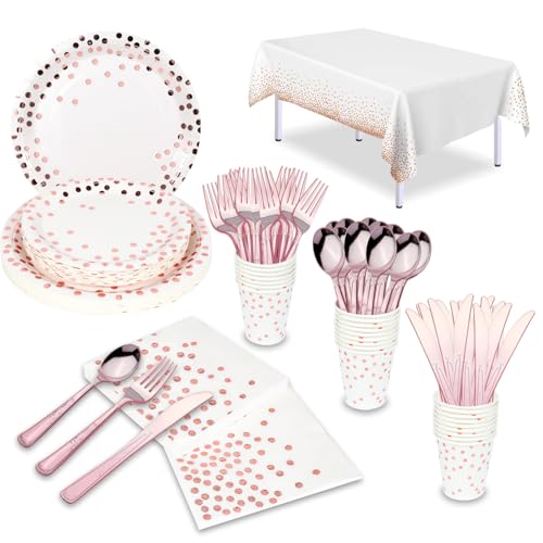 176 Pieces Rose Gold Disposable Party Dinnerware Set &Golden Dot Disposable Party Dinnerware - White Paper Plates Napkins Cups, Gold Plastic Forks Kni