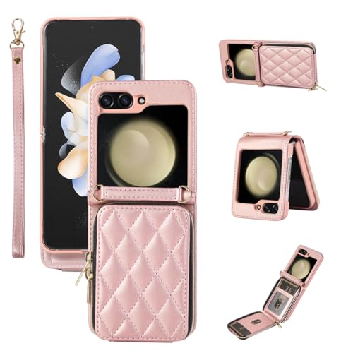 for Samsung Galaxy Z Flip 5 Zipper Wallet Case with Card Holder, 4 Card Slots Large Capacity and Multiple Style Lanyards.(Rosegold) RoseGold Samsung G