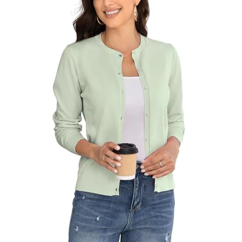 Women's Crew Neck Button Down Long Sleeve Cardigan for Women Classic Soft Knit Ladies Cardigan Sweater Coat X-Large Mintgreen
