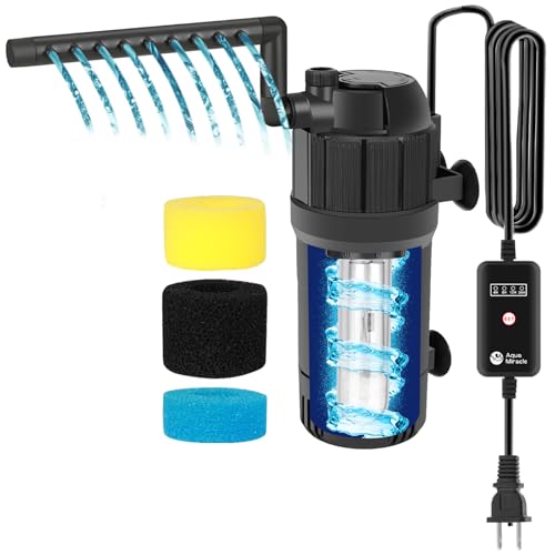 AquaMiracle Aquarium Filter for Green Water, U - V Fish Tank Filter with Timer (4-8-12-24 Hrs), Dual Mode (Aeration-Rainfall) Fish Filter for 10-40 Ga
