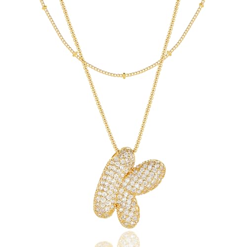 Bubble Letter Necklace Gold for Women，Layered Plated Initial Pendant Puffy Zircon Name Personalized Necklaces Fashion Jewelry for Gifts Letter K