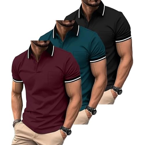 ZITY 3 Pack Men Polo Shirts Short Sleeve with Pocket Sport Wicking Shirts for Men Casual Athletic Collared T-Shirts Black Duckblue Winered XX-Large