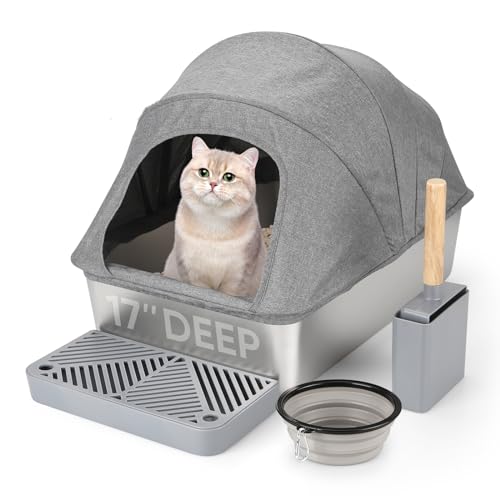 Enclosed Stainless Steel Cat Litter Box with Oxford Lid, 24" Lx16 Wx17 H Extra Large Litter Box for Big Cats, Anti-Leakage, Odor Control Litter Pan Tr