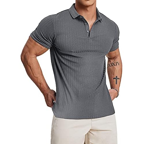 Muscle Cmdr Men's Cotton Muscle Shirts Slim Fit Business Casual Tee Long&Short Sleeve Ribbed Polo V Neck Shirt Medium Deep Grey-Short