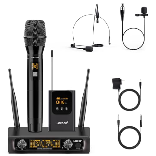 UHF Wireless Microphone System Set: Metal Cordless Handheld-Headset-Lavalier Lapel Mics, Bodypack Transmitter, Receiver - 2*15 Channels 200ft Range fo