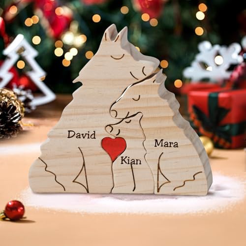 Personalized Wooden Puzzle with 2-8 Family Name Wooden Wolf Sculpture Customizable Name Art Puzzle Gift for Father Mother Birth Day for Mom Dad Home D