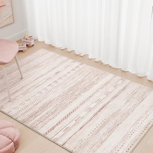 3x5 Pink Area Rug Machine Washable Non Slip Rug Distressed Neutral Moroccan Boho Rug Ultra Soft Indoor Rugs for Bedroom Living Room Entryway Kitchen F