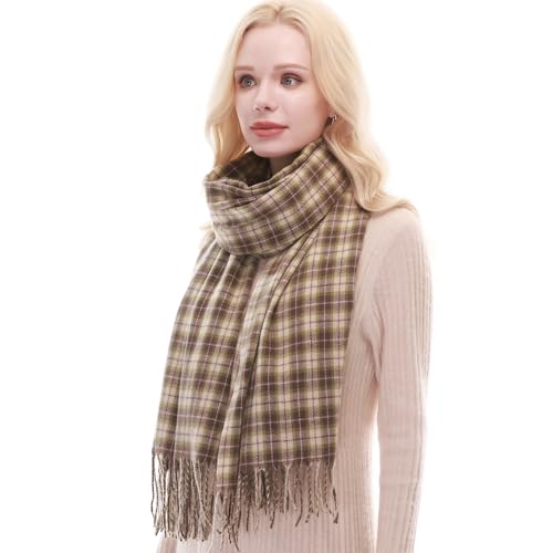 RIIQIICHY Plaid Scarf for Women Fall Winter Pashmina Scarves Wraps for Cold Weather Warm Large Brown-Green-Cream