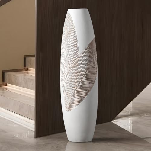 Modern Large Floor Vase White Home Decor Flower Vases 30.7 Inch Tall Resin Vase Tree Leaf Texture Decor Vases for Entryway Living Room Mantel