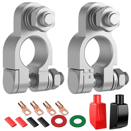 Battery Terminal Connectors Kit, Heavy Duty Positive Negative Auto Car Marine Terminals, with 4 Pcs 2 Gauge 3-8" Copper Lugs, 4 Heatshrink Tubes, 2 Pr
