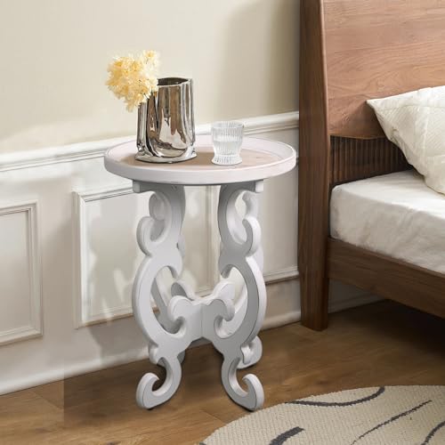 Farmhouse Round Side Table Rustic Wooden end Table with Carved Legs Boho Accent Table Beside Table for Living Room Bedroom style3