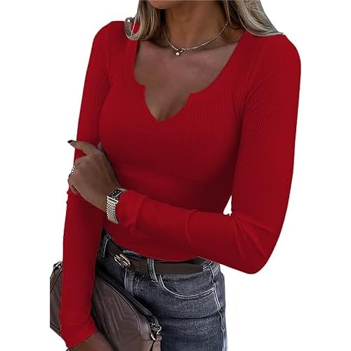 iGENJUN Women's V-Neck Ribbed Long Sleeve Shirts Fitted Basic Slim Knit Tops Spring Outfits 2024 Clothes Medium Red