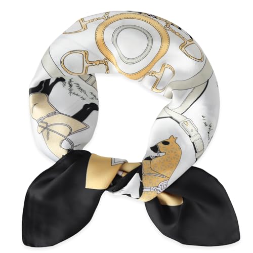EXTREE Fashion Silky Satin Headscarf for Women Girls: Exquisite Pattern Lightweight Silk Graceful Scarfs 27.5 x 27.5 inches Black Edge Pony Puzzle
