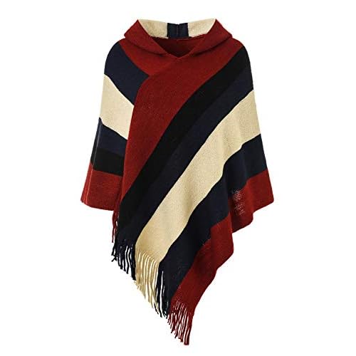 Ferand Women's Striped Poncho Sweater Cozy Knit Fringe Shawl Wraps for Fall Winter Hooded: Burgundy & Beige