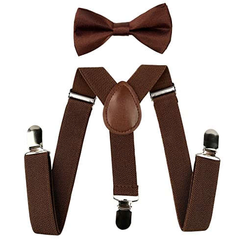 SEVENHEAD Child Kids Suspenders Bowtie Set Adjustable Elastic Y-Back Design with Strong Metal Clips for Boys and Girls Brown