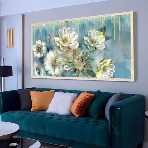 Ardemy Flowers Teal Wall Art Canvas Magnolia White Floral Picture Textured Painting Modern Turquoise Artwork for Living Room Bathroom Bedroom Home Off