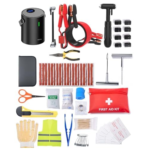 Emergency Kit - Tire Inflator Portable Air Compressor & Jumper Cables for Car - Winter Auto Assistance Kit with Tow Straps, Car Safety Hammer, Tire Re
