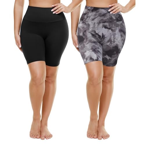 TNNZEET 2 Pack Plus Size Biker Shorts for Women - 8" Black High Waisted Tummy Control Spandex Workout Shorts (XL-4XL) 4X-Large Black-Black Tie-dye