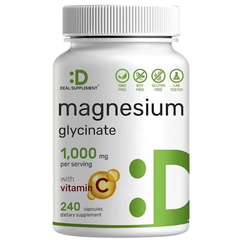 Magnesium Glycinate 500mg Per Capsule (1000mg Per Serving) Plus Vitamin C, 240 Capsules – 100% Chelated for Easy Absorption – Essential Mineral Su