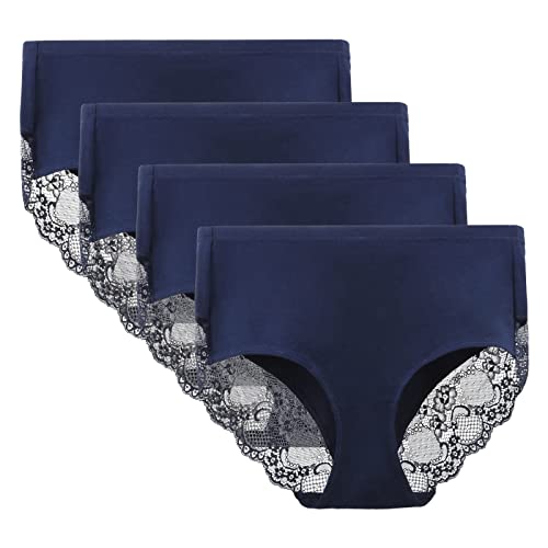 Women's 4 Pack Combed Cotton Breathable High Rise Lace Full Coverage Brief Panty Underwear Blue Large