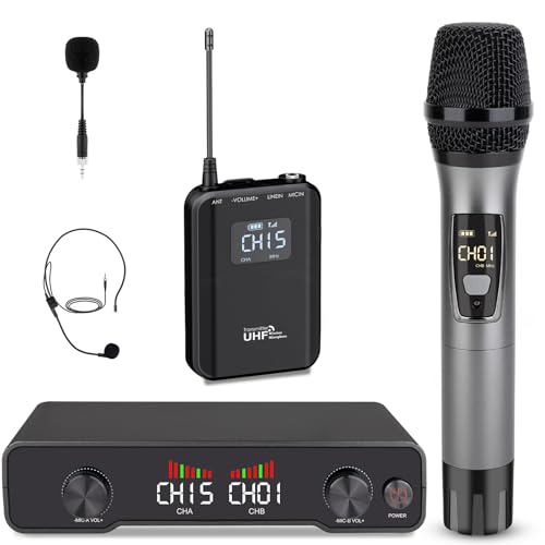 Lococo Wireless Microphone System MIC: Cordless Headset Microphones Bodypack Set - UHF Receiver 328ft Range Channels for Speaking, Singing Church DJ S