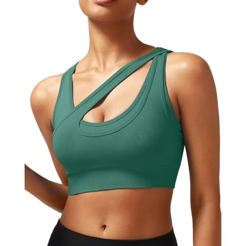 RUNNING GIRL Sports Bras for Women High Support,Seamless Ribbed Longline High Neck Sports Bra Racerback Padded Crop Top Yoga Small B-dark Green