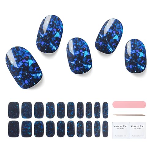 Semi Cured Gel Nail Strips, 20 pcs Gel Nail Stikers, Gel Nail Wraps Semi Cured, Salon-Quality, 2 Weeks Long Lasting Blue Storms