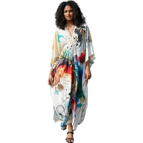 Wave Neck Swimsuit Cover Up Caftan Dress - Plus Size, Oversized, Long Beach Dress 8774-13 Abstract Style Pattern X-Large