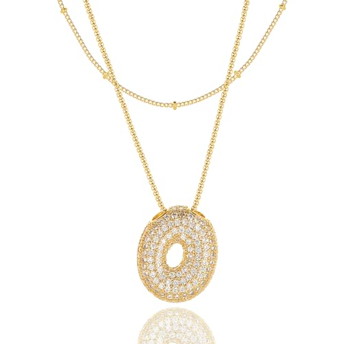 Bubble Letter Necklace Gold for Women，Layered Plated Initial Pendant Puffy Zircon Name Personalized Necklaces Fashion Jewelry for Gifts Letter O