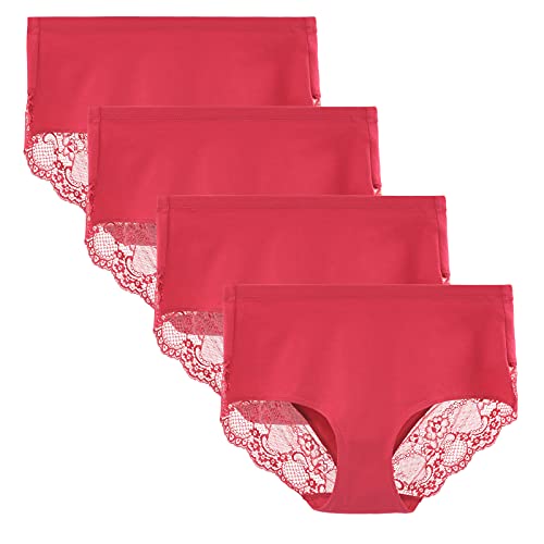 LIQQY Women's 4 Pack High Rise Underwear Combed Cotton Brief Breathable Lace Full Coverage Panty Medium Red