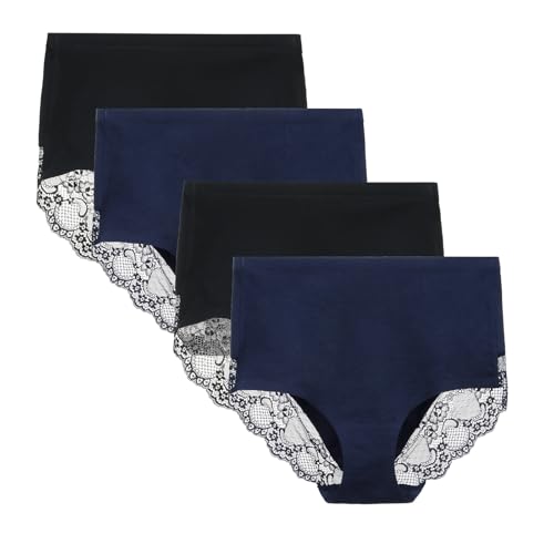 Women's Combed Cotton Lace Full Coverage High Rise Seamless Brief Panty Underwear 4 Pack Medium Black-Navy Blue