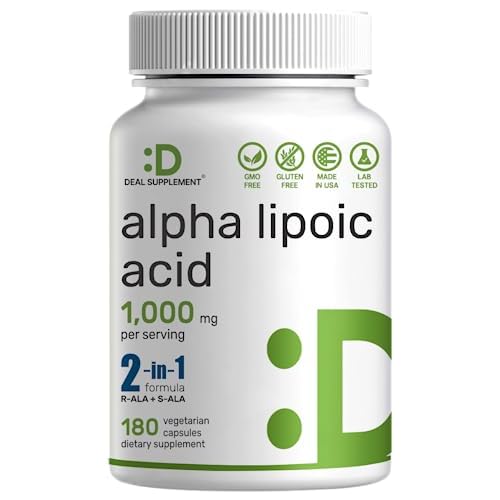 Alpha Lipoic Acid 1,000mg, 180 Veggie Capsules – 50-50 R-ALA & S-ALA for Max Bioavailability – Antioxidant Supplement – Energy & Nervous System