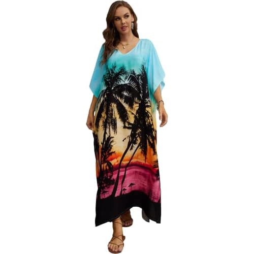 Swimsuit Cover Up Caftan Women's Vneck Flower Leopard Print Batwing Sleeve Side Split Kaftan Dresses B12