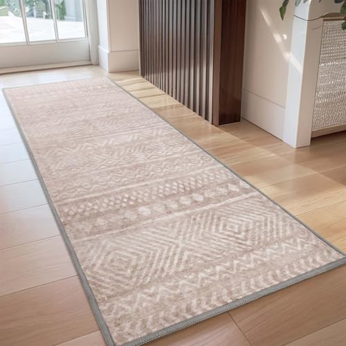 Boho 2x6 ft Runner Rugs for Hallway Non Slip Hallway Runner Kitchen Bedroom Entryway Laundry Room Rug Washable Long Easy Maintain Durable Brown Neutra