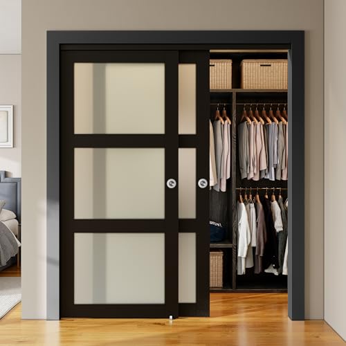 SMARTSTANDARD Bypass Sliding Closet Doors 64x80 in (Double 33in) for Bedroom, 3-Lite Frosted Glass Bypass Door with Hardware Kit Included, Preassemble