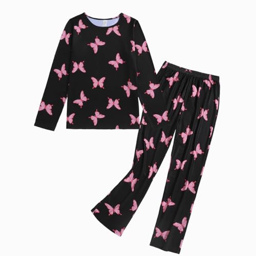 VENTELAN Women Pajamas Cute Christmas Bear Sleepwear Long Sleeve Stripes Loungewear Small Black-butterfly