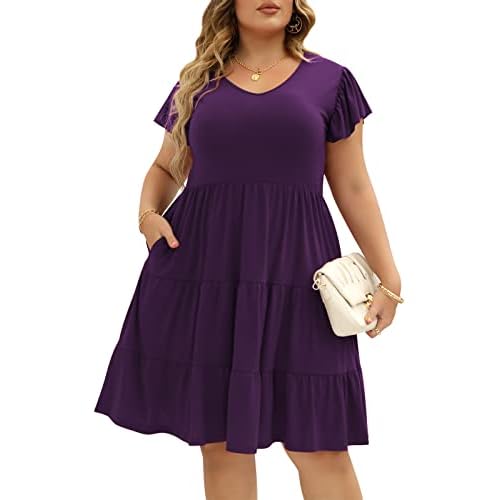 Celkuser Womens Plus Size Casual Summer Dresses Ruffle Sleeve Tiered Swing Midi Dress with Pockets 14 Plus Purple
