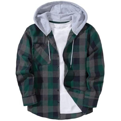 ZITY Men's Flannel Hoodie Shirts Casual Button Down Plaid Shirt Jackets for Men Long Sleeve Stylish Hooded with Pocket Medium Greengray