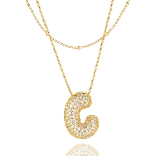 Bubble Letter Necklace Gold for Women，Layered Plated Initial Pendant Puffy Zircon Name Personalized Necklaces Fashion Jewelry for Gifts Letter C
