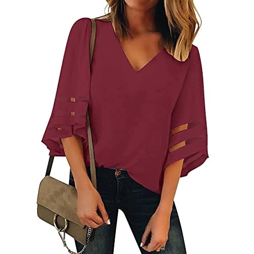 luvamia Women's Casual V Neck Blouse 3-4 Bell Sleeve Mesh Panel Shirts Loose Top X-Large C Rhubarb