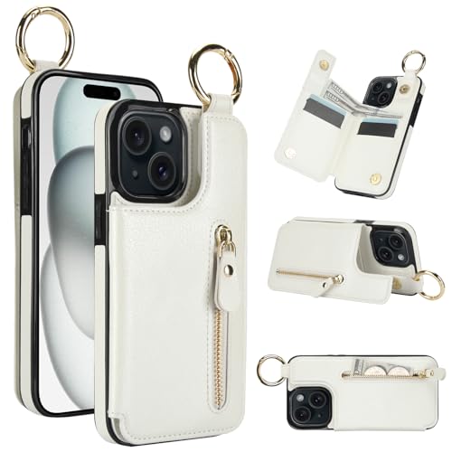 for iPhone 15 Wallet Case with Zipper and Credit Card Holder, Cash Slot, PU Leather Magnetic Clasp Kickstand Heavy Duty Ring Protective Cover.(White)